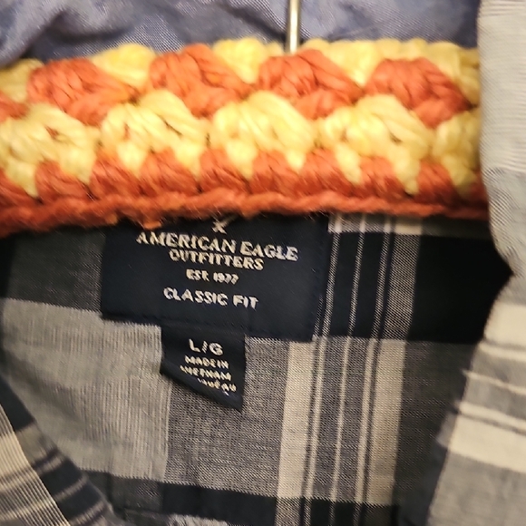 American Eagle Blue White Plaid Long Button-Up Shirt Classic Fit Men Large - Picture 2 of 5